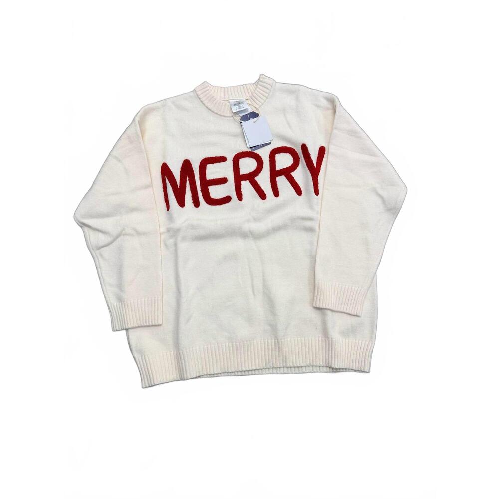NEW FASHION BY MIRABEAU women's merry moments chenille letter sweater in white